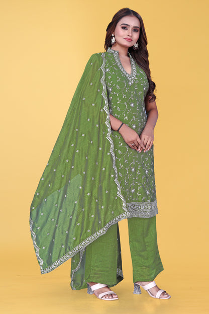 Elegant Olive Green Embroidered Sleeveless Salwar Suit Set