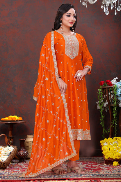 Elegant Orange Embroidered Silk Anarkali Suit Set Women